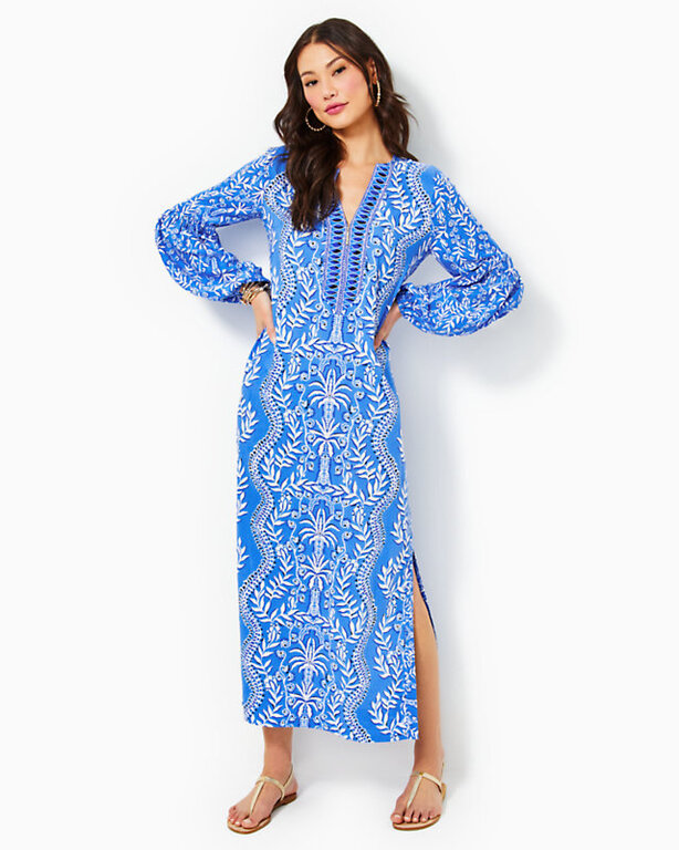 LILLY PULITZER LILLY PULITZER LAURELIE LONG SLEEVE MAXI ABACO BLUE HAVE IT BOTH RAYS ENGINEERED WOVEN MAXI