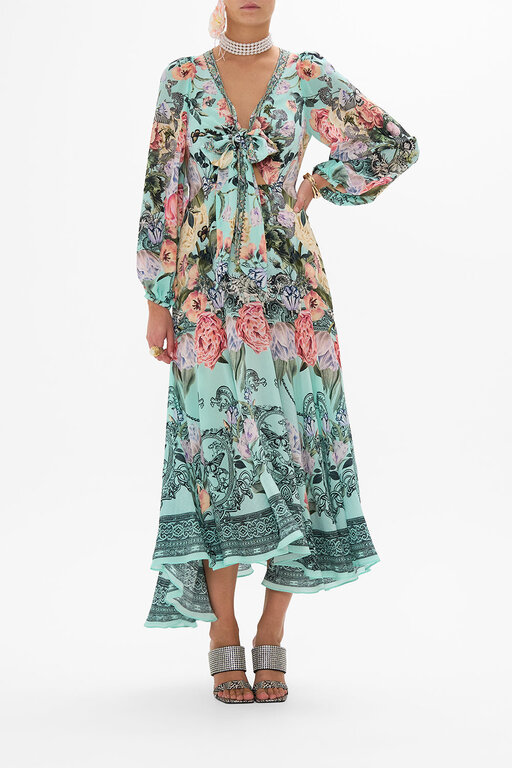 CAMILLA CAMILLA WRAP TIE DRESS WITH BLOUSON SLEEVE PETAL PROMISE LAND