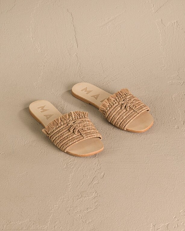 MANEBI Manebi leather sandals tan with palm fringed knots raffia