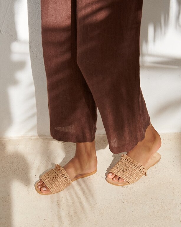 MANEBI Manebi leather sandals tan with palm fringed knots raffia