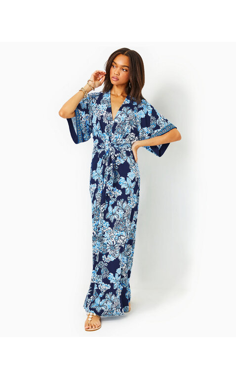 LILLY PULITZER LILLY PULITZER WISTERIA ELBOW SLEEVE V-N LOW TIDE NAVY BOUQUET ALL DAY ENGINEERED KNIT MAXI DRESS