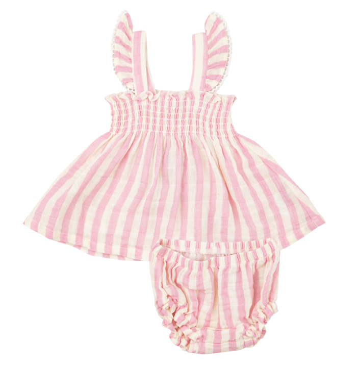 ANGEL DEAR Angel Dear SB Pink Stripe Ruffle Strap Smocked Top + DC