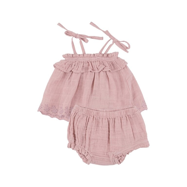 ANGEL DEAR Angel Dear SB Dusty Pink Solid Muslin Ruffle Top + Bloomer