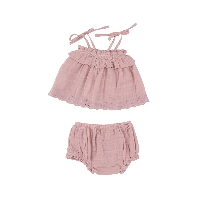 ANGEL DEAR Angel Dear SB Dusty Pink Solid Muslin Ruffle Top + Bloomer