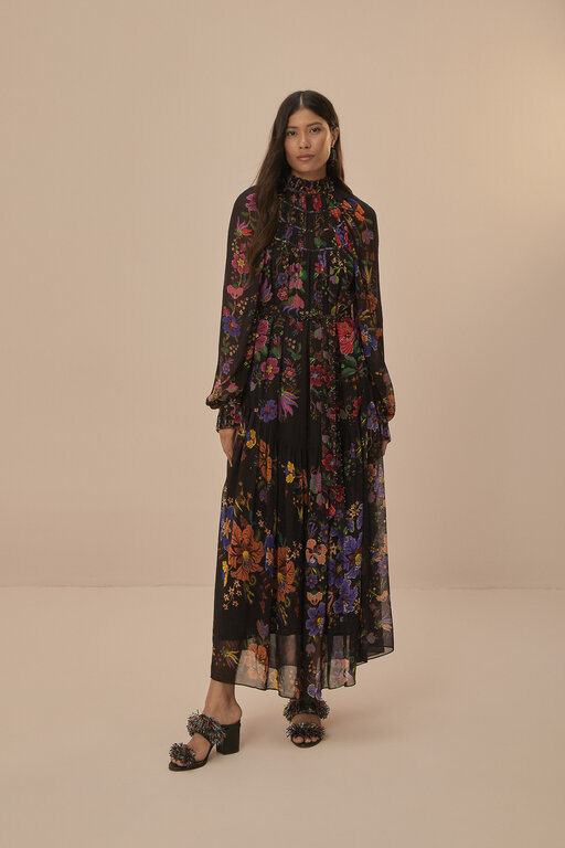 FARM RIO FARM RIO FLORAL SCARVES BLACK HIGH NECK MAXI DRESS