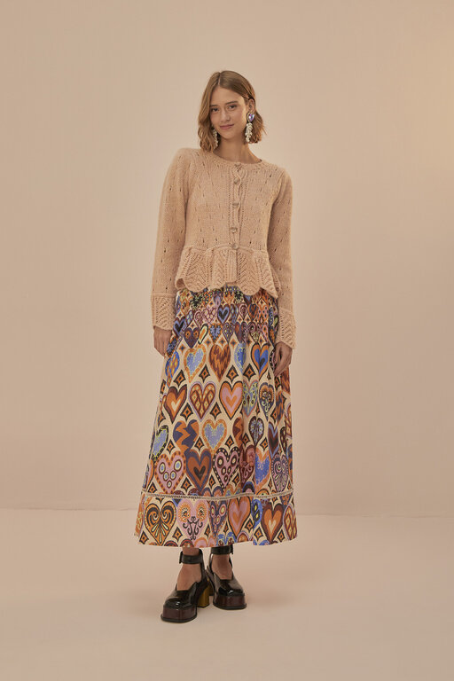 FARM RIO FARM RIO HEARTS IKAT CREAM MIDI SKIRT