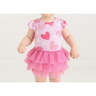 POSH PEANUT Daisy Love - Ruffled Cap Sleeve Tulle Skirt Bodysuit BRIGHT PINK
