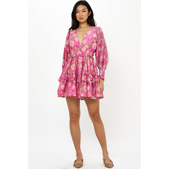 OLIPHANT Oliphant Smocked Waist V-Neck Mini Presidio Magenta