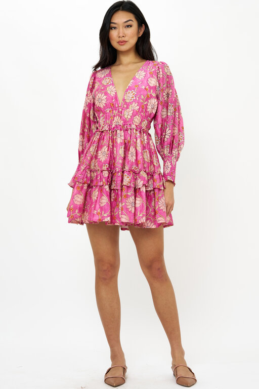 OLIPHANT Oliphant Smocked Waist V-Neck Mini Presidio Magenta