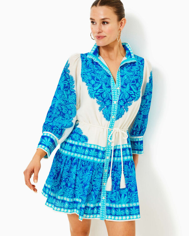 LILLY PULITZER LILLY PULITZER DRENA DRESS BREEZY AQUA JUNGLE ESCAPE ENGINEERED WOVEN DRESS