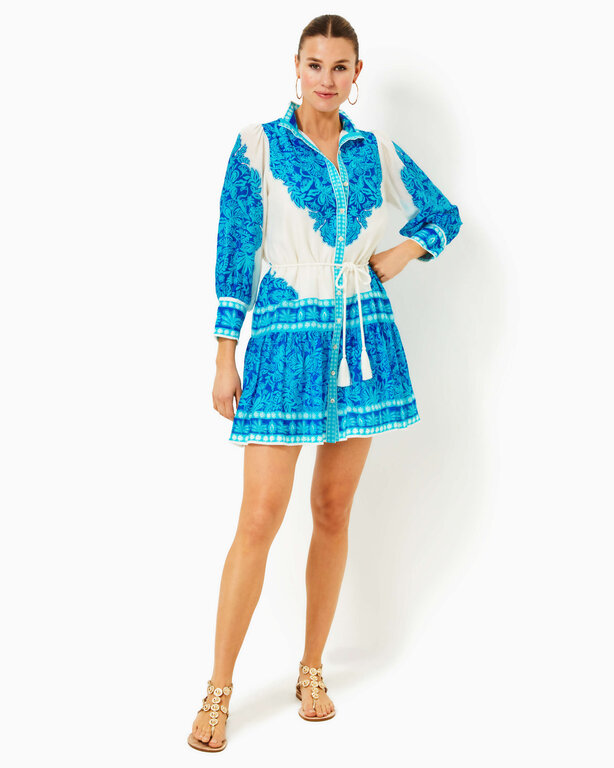 LILLY PULITZER LILLY PULITZER DRENA DRESS BREEZY AQUA JUNGLE ESCAPE ENGINEERED WOVEN DRESS