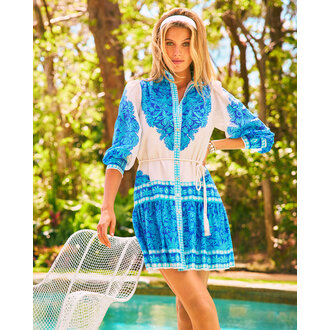 LILLY PULITZER LILLY PULITZER DRENA DRESS BREEZY AQUA JUNGLE ESCAPE ENGINEERED WOVEN DRESS