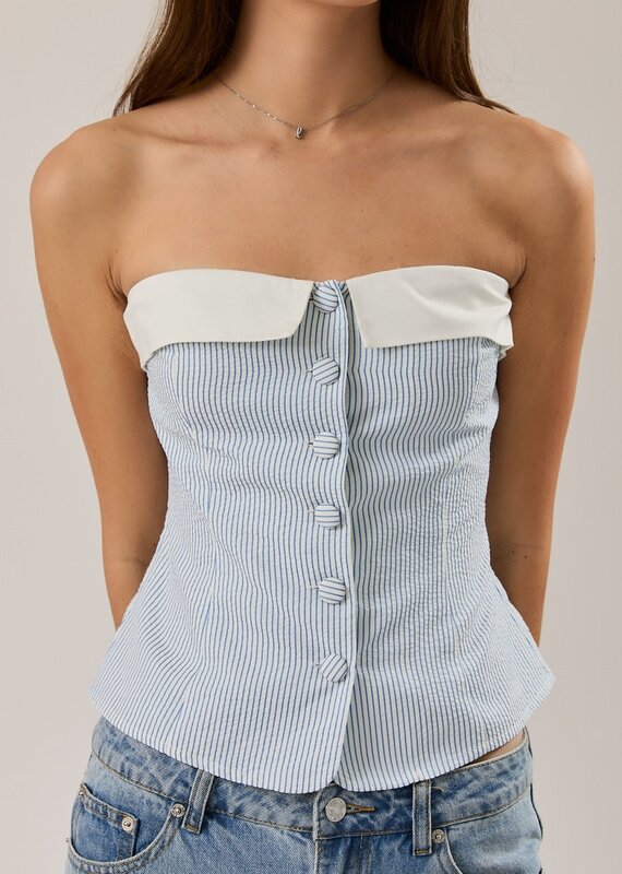 Le Lis Strapless Striped Folded Button Down Top