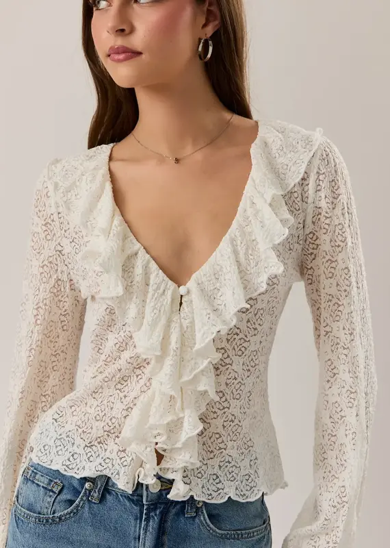 Le Lis Long Puff Sleeve V-neck Open Lace Top