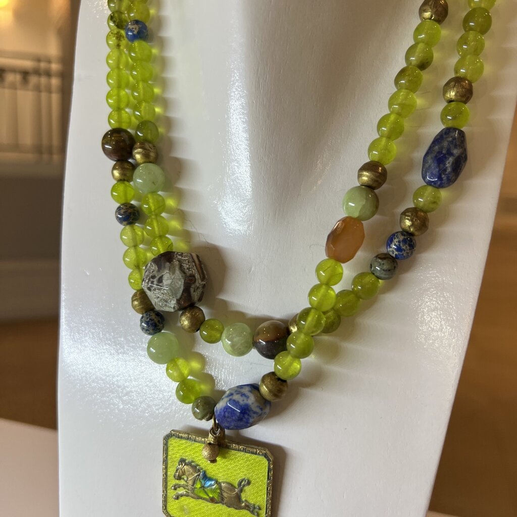 Green Agate/Lapis/Carnelian Necklace w/ Vintage Horse Pendant