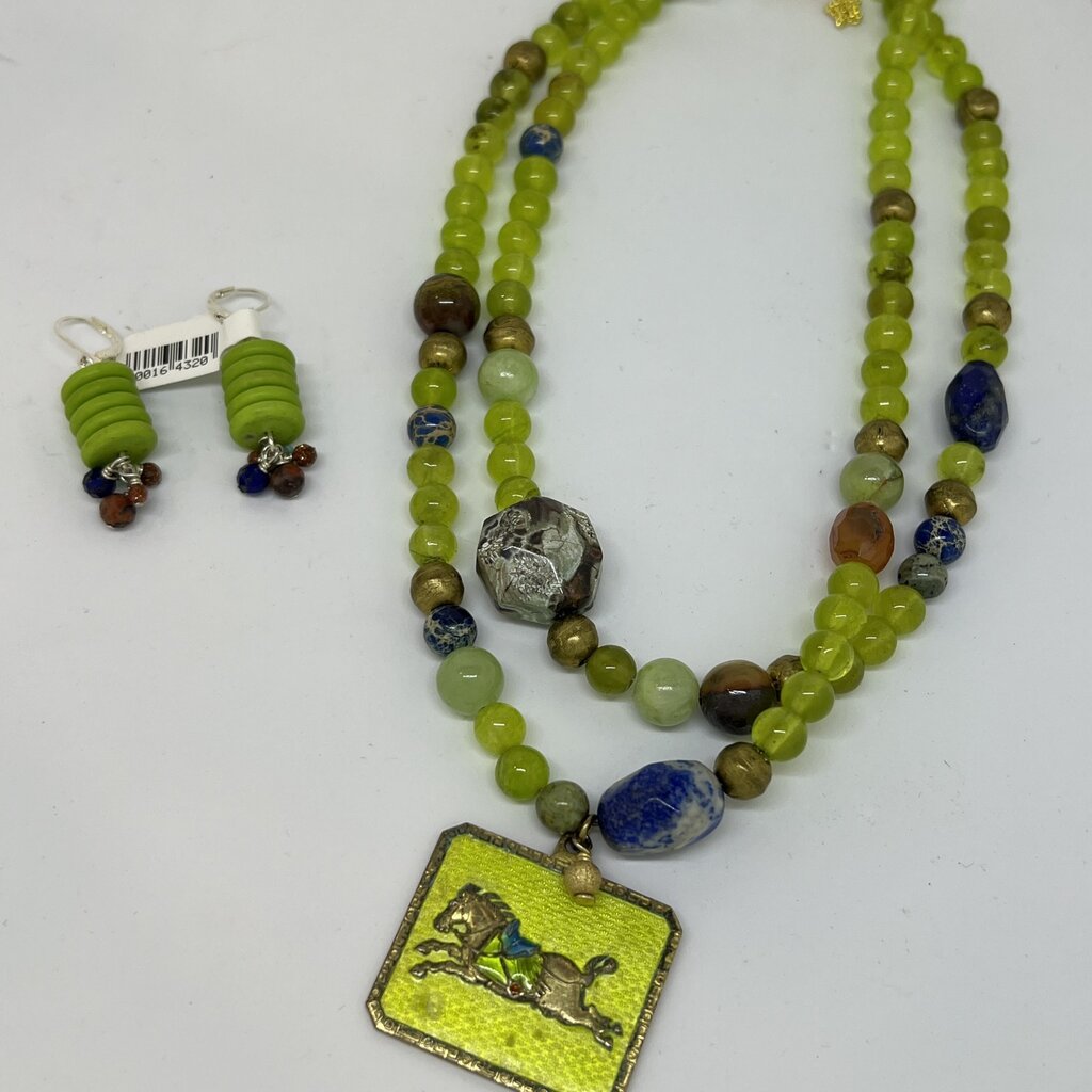 Green Agate/Lapis/Carnelian Necklace w/ Vintage Horse Pendant