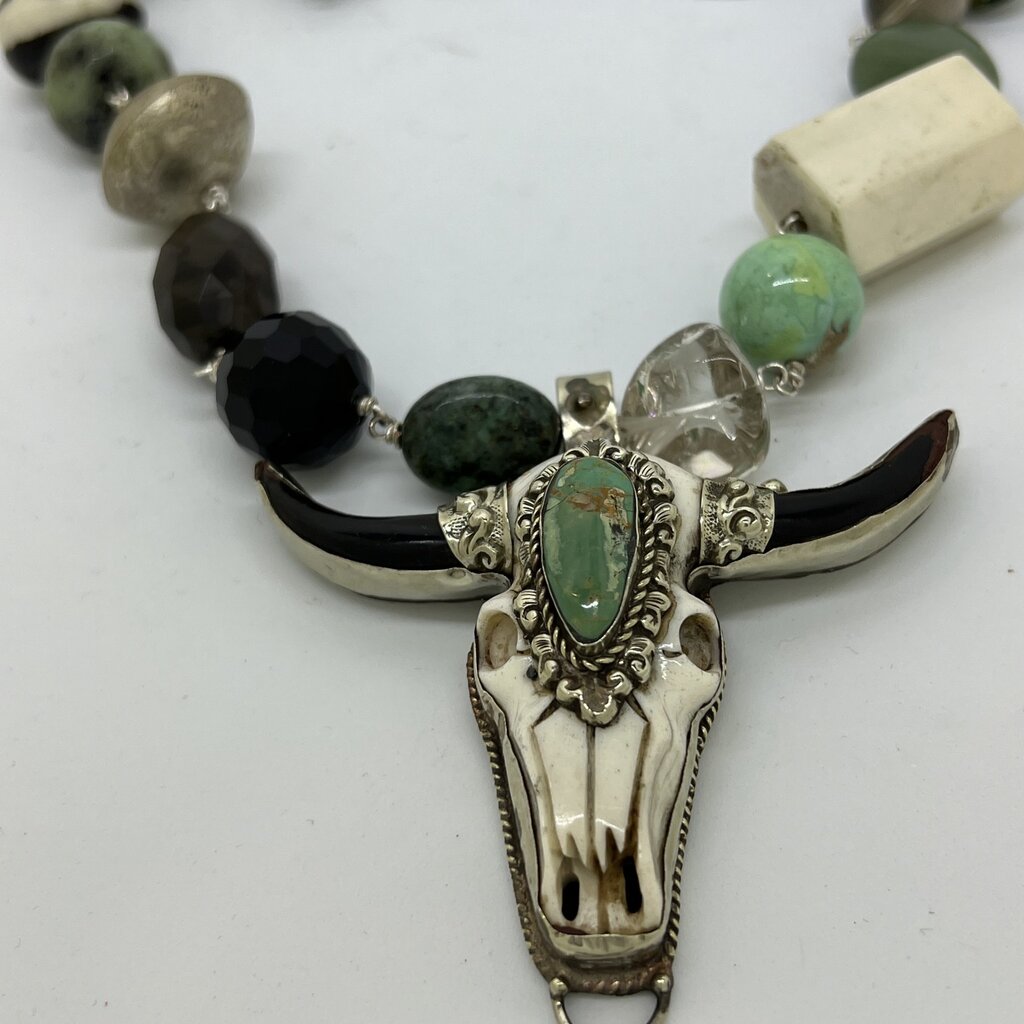 Multi Gem Necklace w/ Skull  Pendant