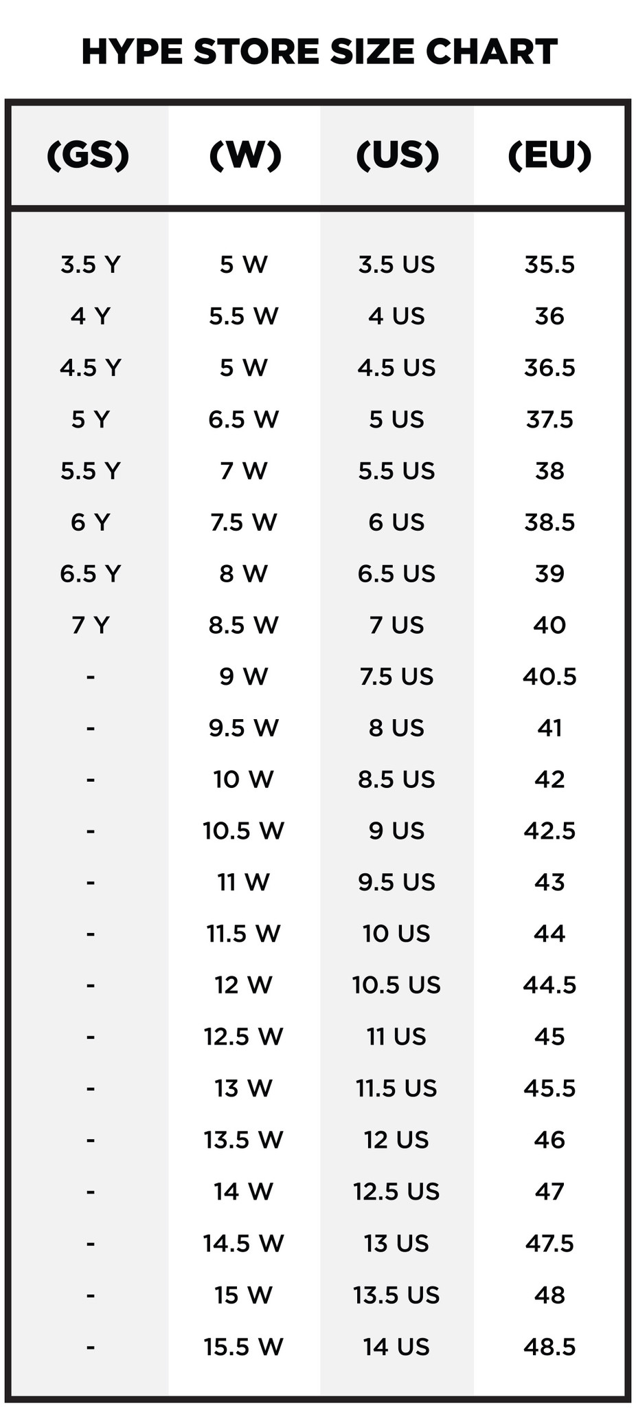 Hype Store Canada Sneaker Shoe Size Chart