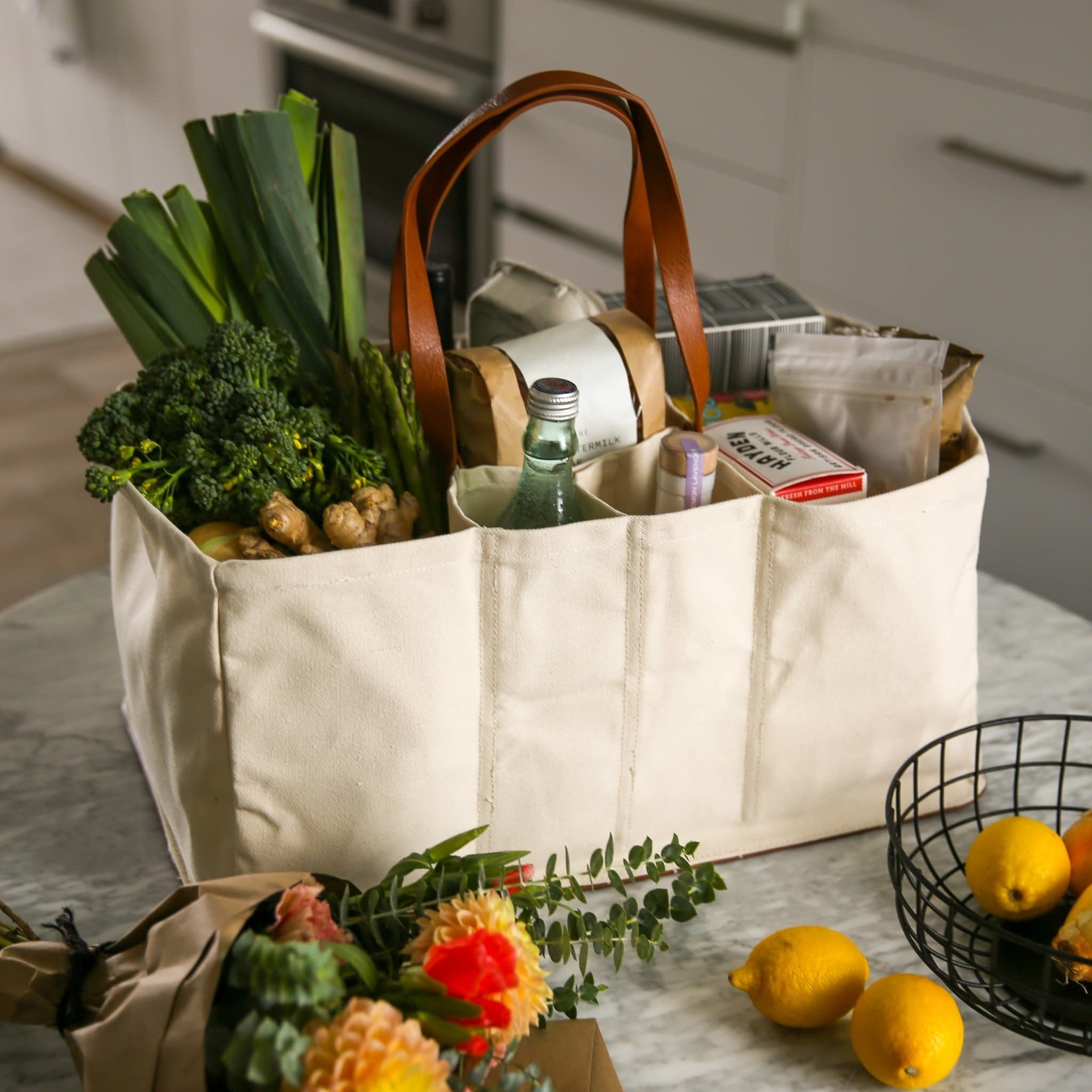 tote+able Grocery Tote - Natural Canvas with Brown Handles and Base