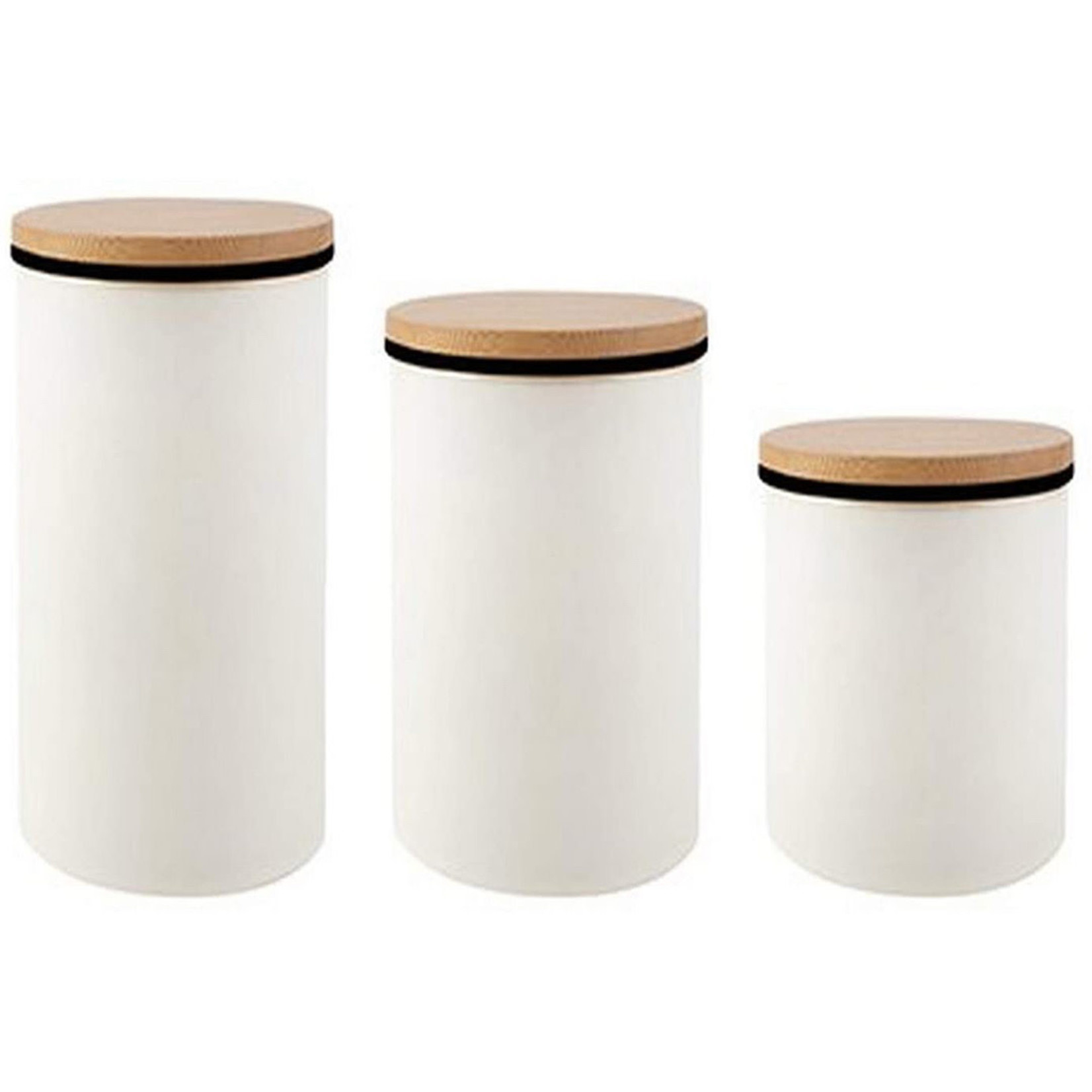 TableCraft Enamelware Collection(TM) Canisters with Lids, Set of 3 Enamel Coated Steel, Wood 20 oz, 30 oz & 35 oz