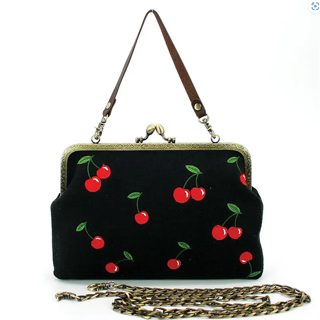 Cherry Kisslock Linen Bag