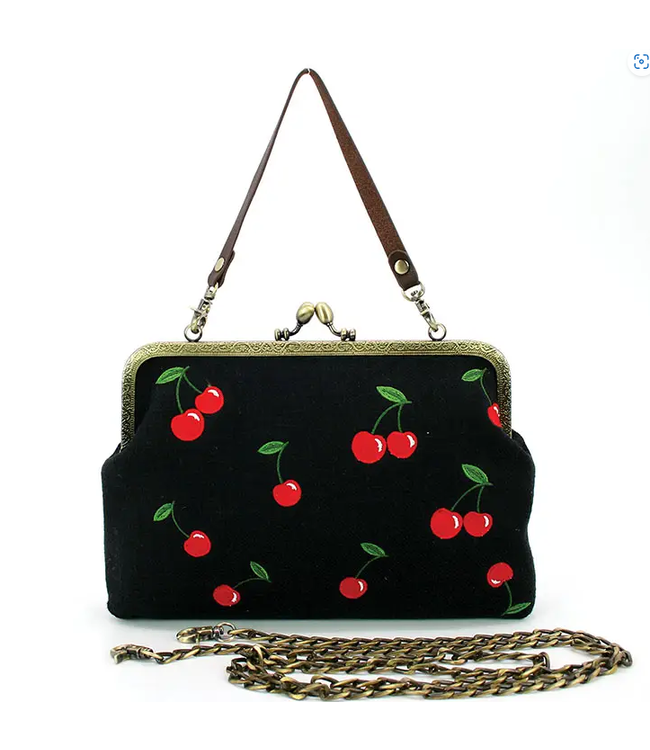 Cherry Kisslock Linen Bag