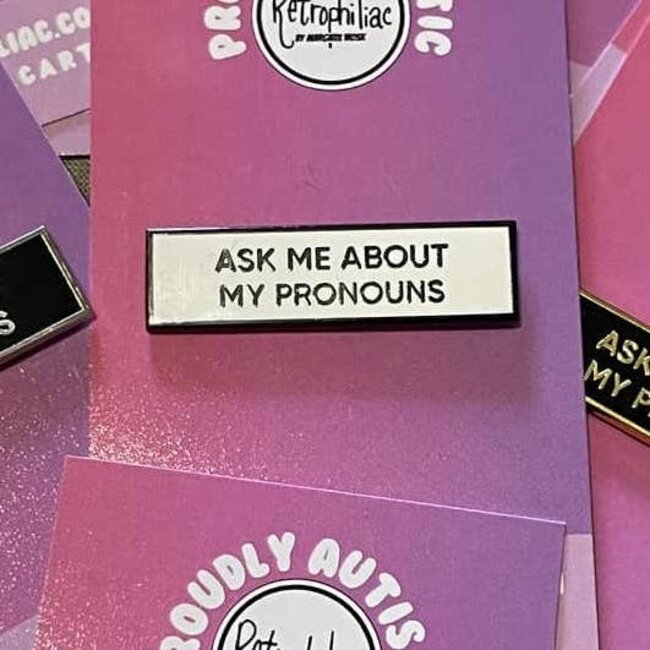 Ask Me About My Pronouns Pronoun Pin - Silver/Black