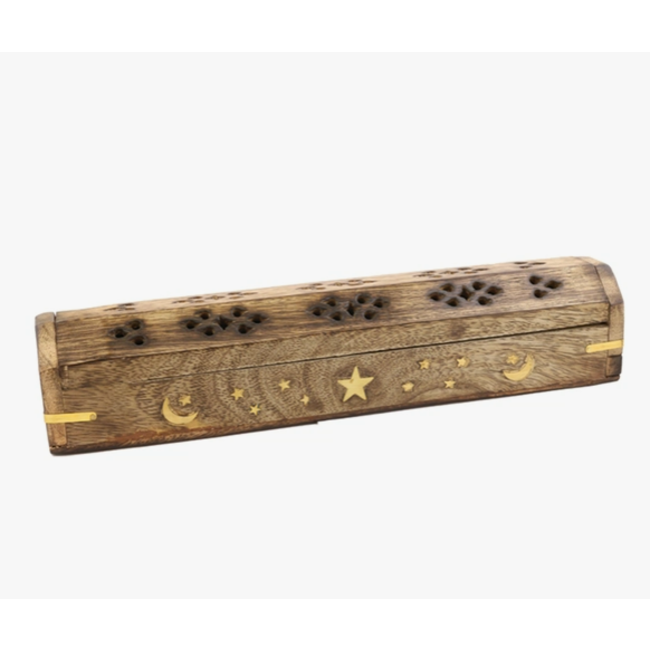 Moon and Stars Hand Carved Incense Wooden Coffin Box with Storage