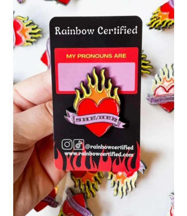 Flaming Heart Pronoun Pin- She/Her
