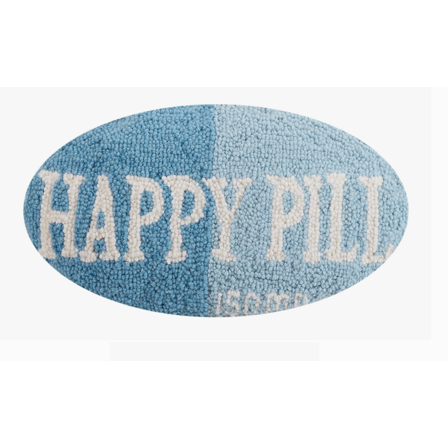 Happy Pill Blue Hook Pillow: Whimsical Comfort in 9x16 Lumbar Design