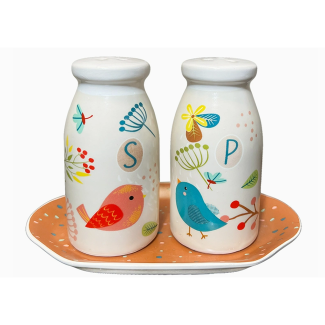 Birds of Happiness Salt & Pepper Shaker Set: Complete with Plate