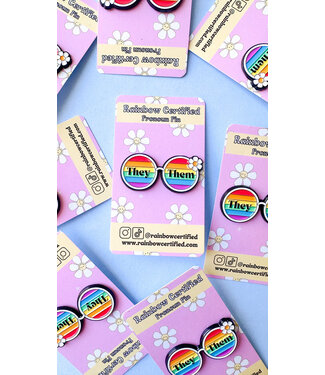 Rainbow Certified 70's Rainbow Glasses Pronoun Pin - They/Them