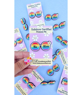 Rainbow Certified 70's Rainbow Glasses Pronoun Pin - He/Him