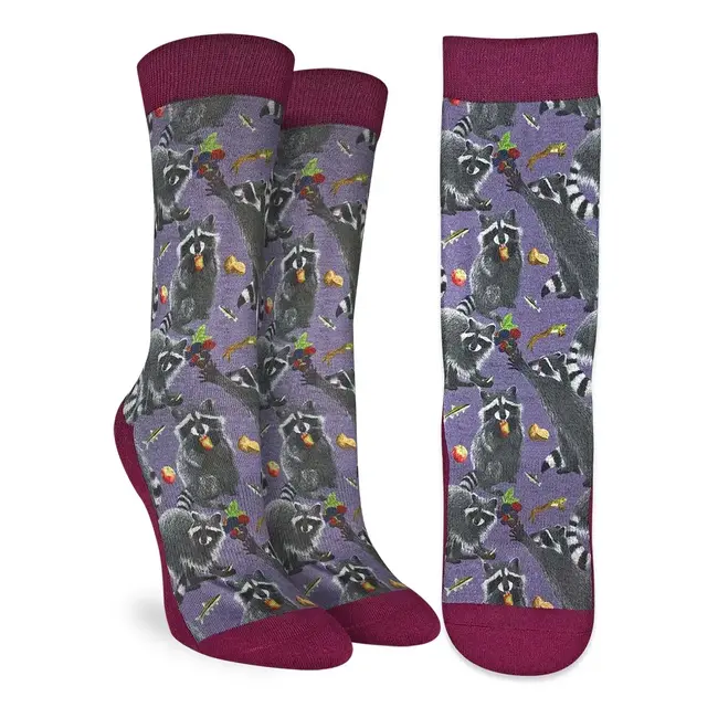 "Snazzy Raccoons: Purple Socks for the Hungry at Heart!"