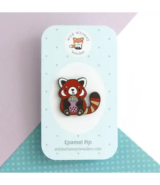 Wild Whimsy Woolies Red Panda Drinking Bubble Tea Enamel Pin