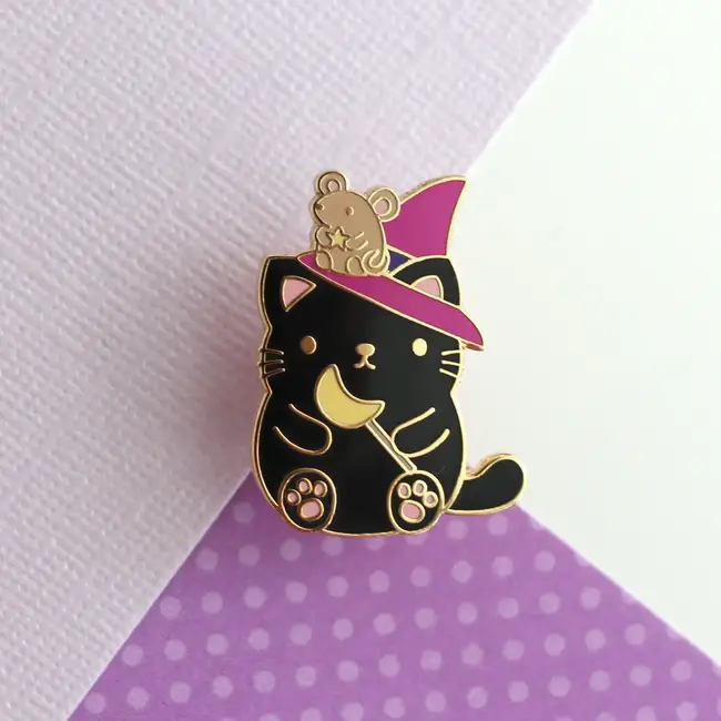 Spook-tacular Black Cat Witch Hat Enamel Pin!