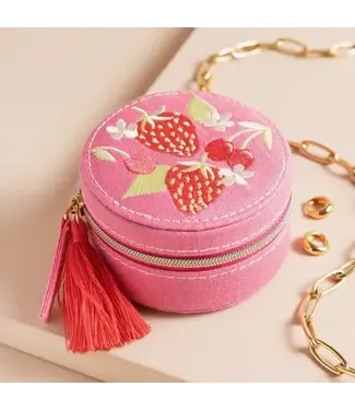 Lisa Angel Strawberry Embroidered Travel Round Jewellery Case in Pink