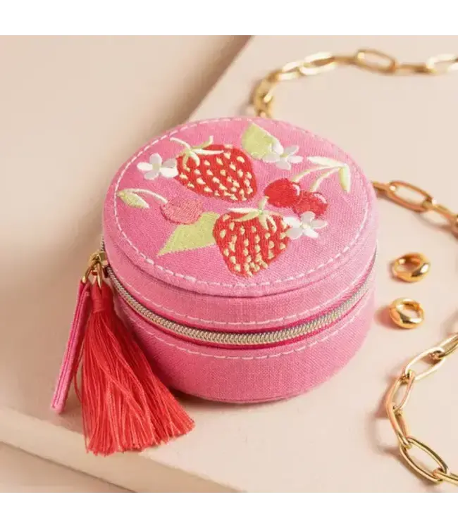 Strawberry Embroidered Travel Round Jewellery Case in Pink