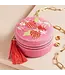 Strawberry Embroidered Travel Round Jewellery Case in Pink