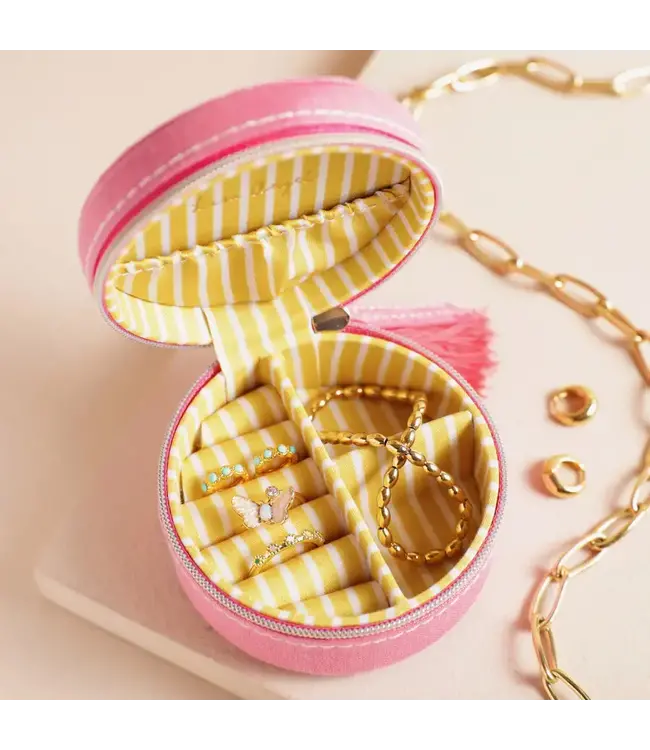 Strawberry Embroidered Travel Round Jewellery Case in Pink