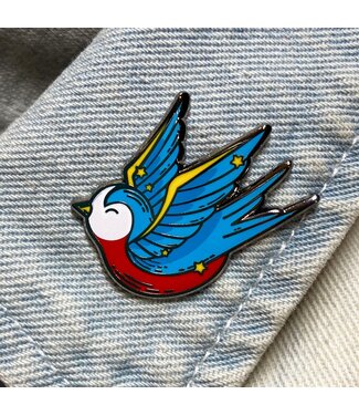 Snacks Please Swallow Bird Tattoo Flash Enamel Pin