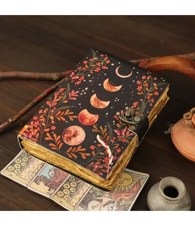 Leather Journal Blank Vintage Notebook with Moon Print