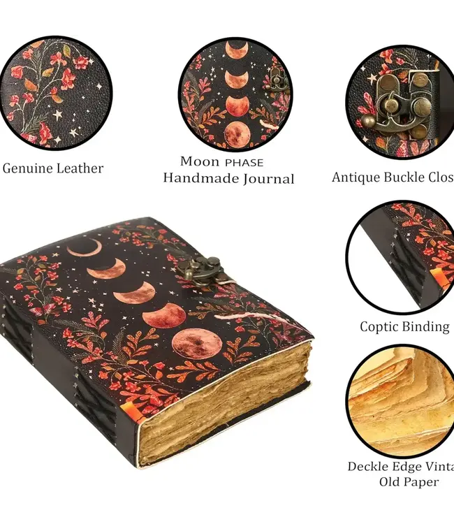 Leather Journal Blank Vintage Notebook with Moon Print
