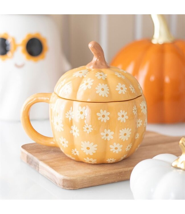 Groovy Floral Pumpkin Shaped Lidded Mug