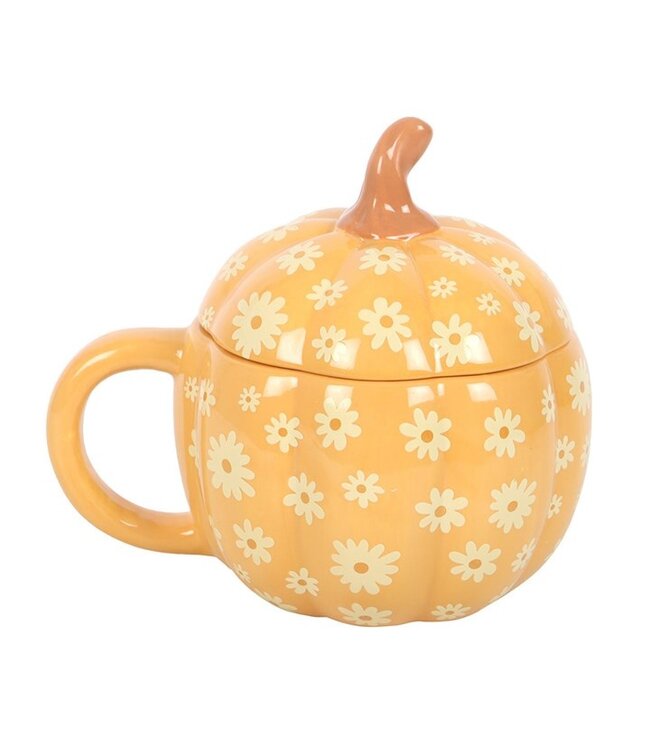 Groovy Floral Pumpkin Shaped Lidded Mug