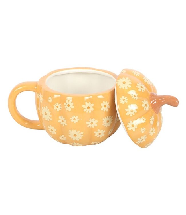 Groovy Floral Pumpkin Shaped Lidded Mug