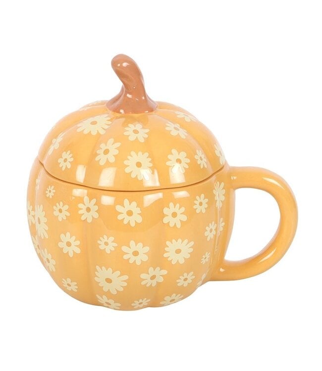Groovy Floral Pumpkin Shaped Lidded Mug