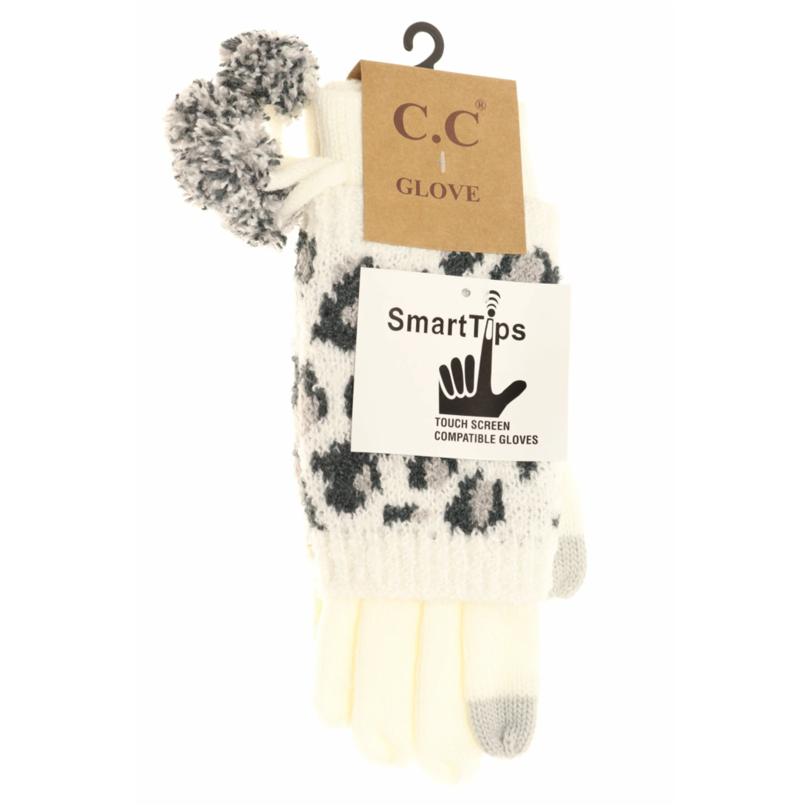 CC Beanie Leopard Print Cuffed Gloves with Pom