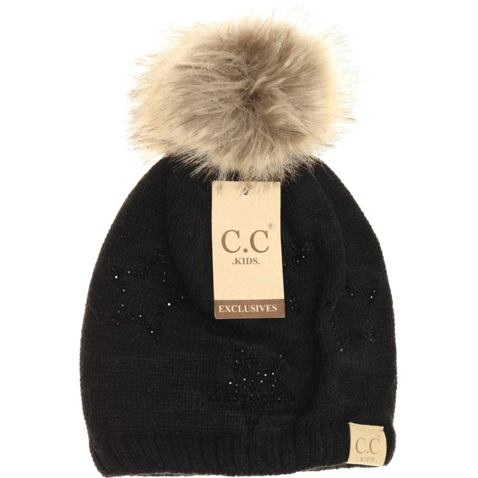 CCB Kids Rhinestone Star Fur Pom Beanie 