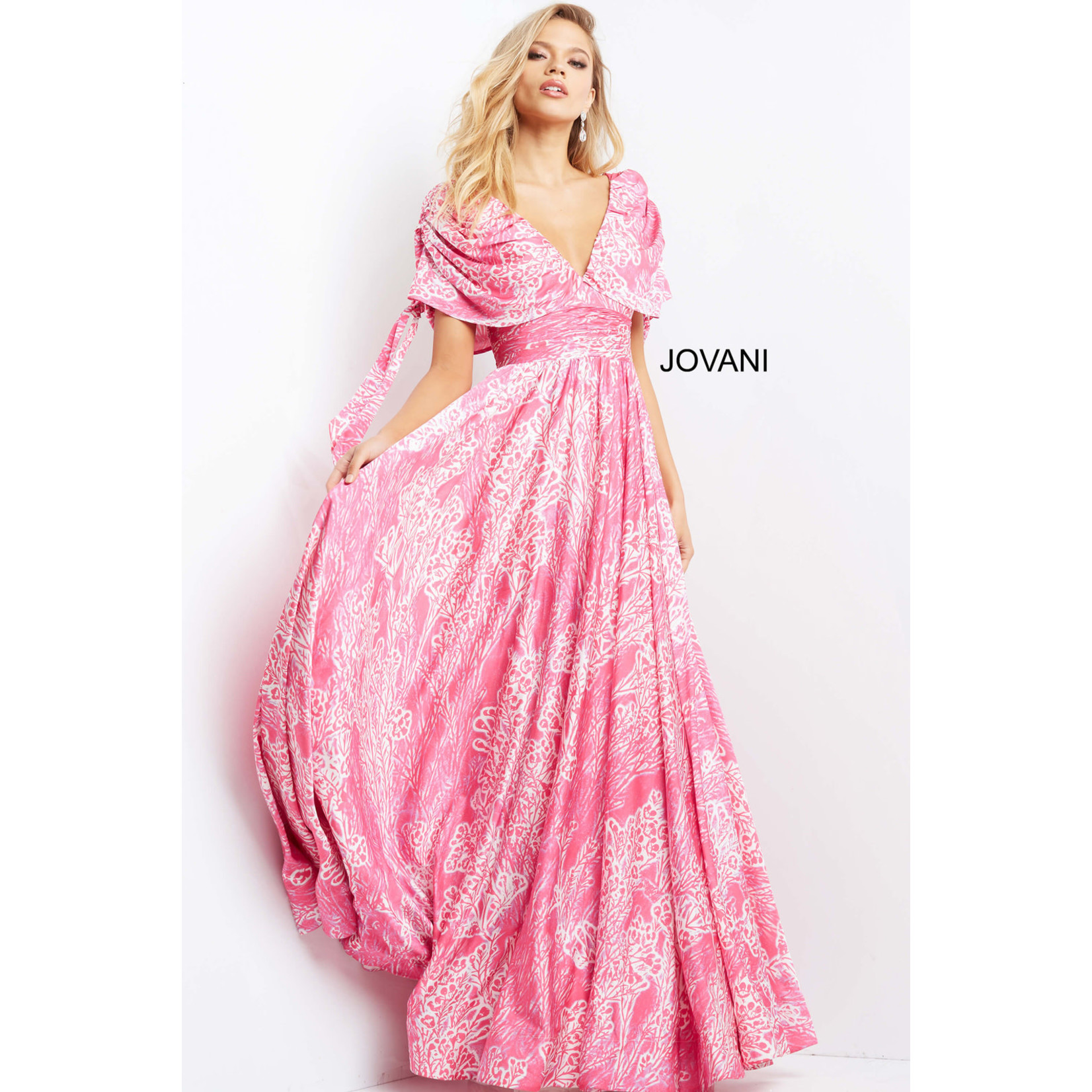 Jovani Jovani 07586 Printed V-Neck Maxi Evening Dress
